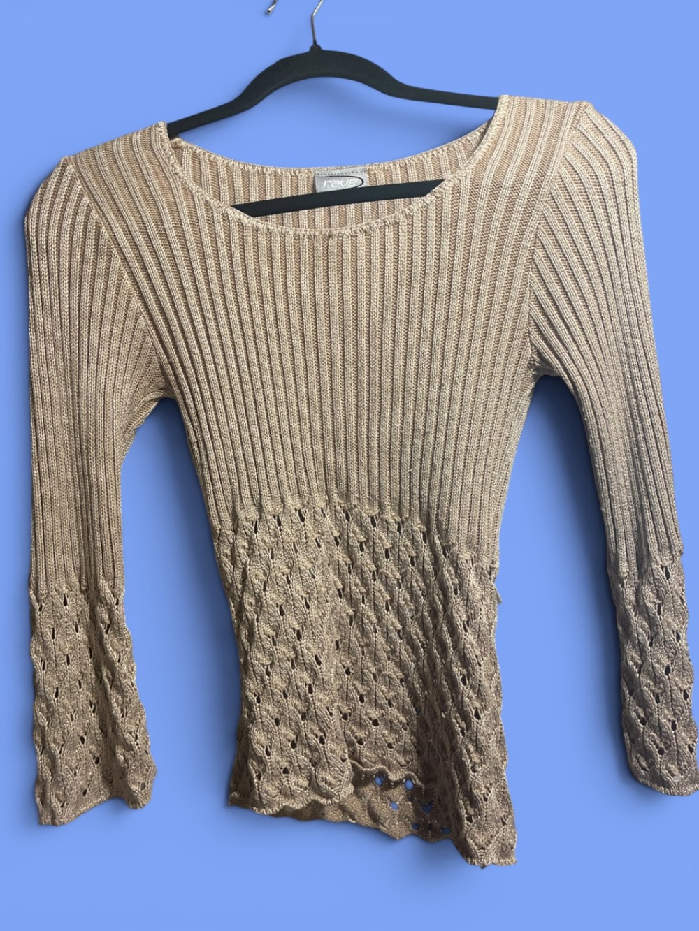 Y2K Ribbed Rave Scoop-Neck Knit Sweater in Light Beige